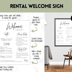 May include: A black framed "Rental Welcome Sign" with the word "Welcome" in cursive. The sign includes sections for WiFi details, house rules, contacts, check-out instructions, and parking information. The sign is designed to provide guests with essential information.