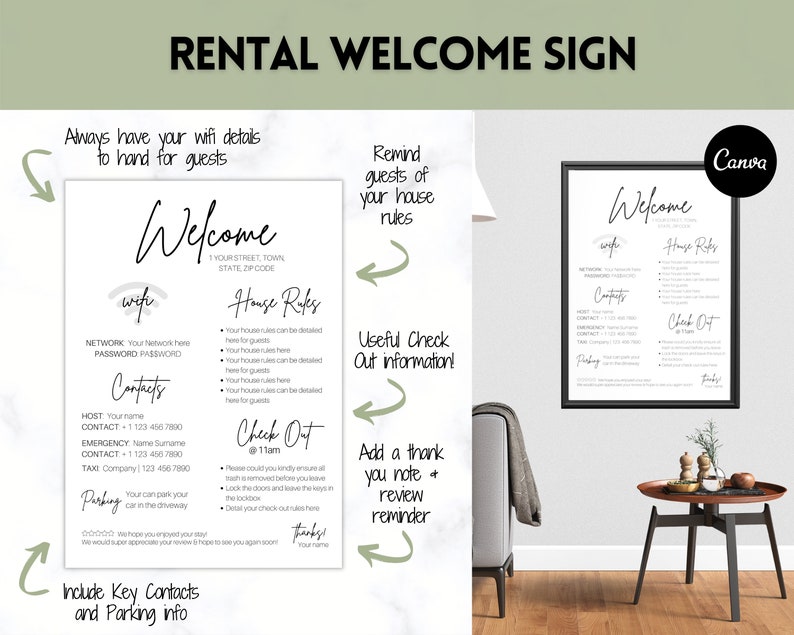 May include: A black framed "Rental Welcome Sign" with the word "Welcome" in cursive. The sign includes sections for WiFi details, house rules, contacts, check-out instructions, and parking information. The sign is designed to provide guests with essential information.