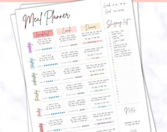 FOOD DIARY! Weekly Meal Planner Printable, Meal Tracker, Food Journal, Menu Plan & Prep, BONUS Grocery List! Diet, Fitness, Health, Pink