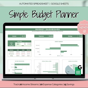 Puede incluir: Una pantalla de computadora port&aacute;til que muestra una hoja de c&aacute;lculo de planificaci&oacute;n de presupuesto verde y blanca con el t&iacute;tulo "Simple Budget Planner". La hoja de c&aacute;lculo incluye un tablero de presupuesto, un desglose de ingresos, una asignaci&oacute;n de gastos y una asignaci&oacute;n de ahorros. La hoja de c&aacute;lculo est&aacute; dise&ntilde;ada para rastrear 20 flujos de ingresos, 20 categor&iacute;as de gastos y 15 ahorros.