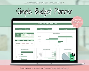 SIMPLE Budget Planner, Google Sheets Budget Spreadsheet, Monthly Budget Template, Automated Paycheck Financial Planner, Expenses Savings