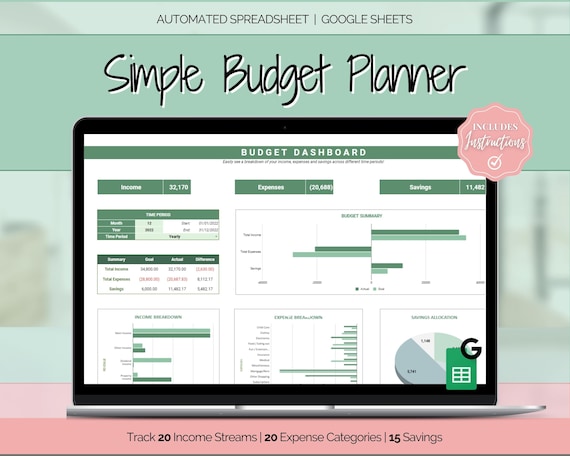 SIMPLE Budget Planner, Google Sheets Budget Spreadsheet, Monthly Budget Template, Automated Paycheck Financial Planner, Expenses Savings