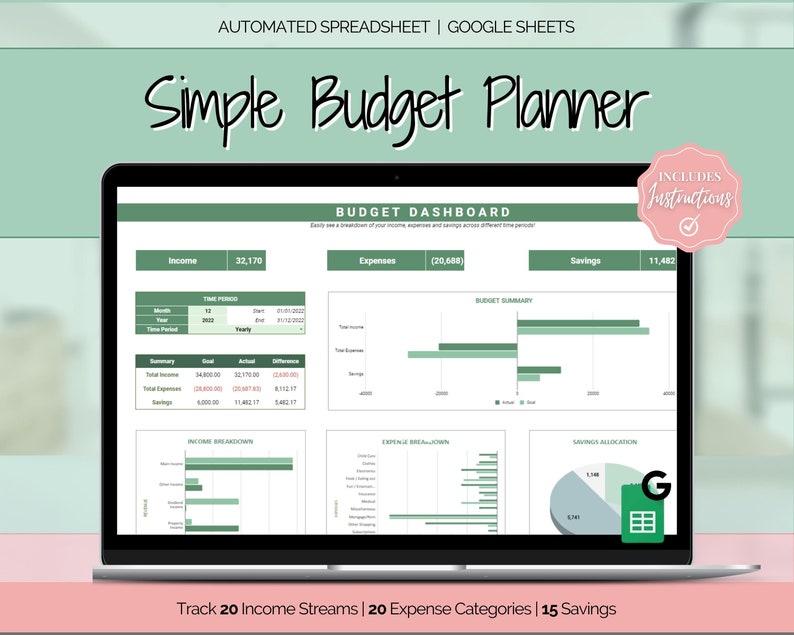 Puede incluir: Una pantalla de computadora port&aacute;til que muestra una hoja de c&aacute;lculo de planificaci&oacute;n de presupuesto verde y blanca con el t&iacute;tulo "Simple Budget Planner". La hoja de c&aacute;lculo incluye un tablero de presupuesto, un desglose de ingresos, una asignaci&oacute;n de gastos y una asignaci&oacute;n de ahorros. La hoja de c&aacute;lculo est&aacute; dise&ntilde;ada para rastrear 20 flujos de ingresos, 20 categor&iacute;as de gastos y 15 ahorros.