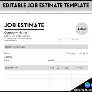 Job Estimate Template, Editable Small Business Template, Invoice Order, Job Estimate Form, Word, Canva, Google Docs, Quote, Proposal