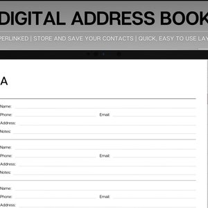 Pode incluir: Livro de endereços digital exibido em um tablet. A tela mostra uma página com linhas e campos para nome, telefone, endereço e notas. O texto "DIGITAL ADDRESS BOOK" está no topo, com texto adicional sobre recursos como "HYPERLINKED".