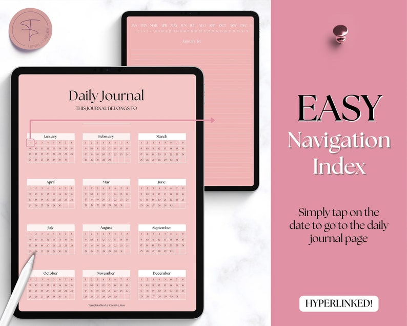May include: A pink digital planner with a calendar view for each month of the year. The calendar is hyperlinked, allowing users to easily navigate to a specific date. The text "Daily Journal" and "This journal belongs to" is displayed at the top of the planner.