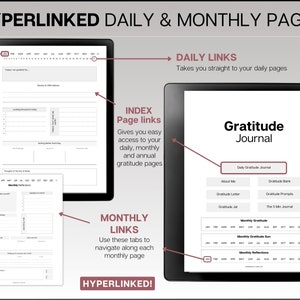 K&ouml;nnte beinhalten: Ein digitaler Planer f&uuml;r ein Dankbarkeitsjournal mit verlinkten Tages- und Monatsseiten. Der Planer enth&auml;lt Abschnitte f&uuml;r t&auml;gliche Dankbarkeit, eine Dankbarkeitsbank, einen Dankbarkeitsbrief, ein Dankbarkeitsglas und ein 5-Minuten-Journal. Die Monatsseiten enthalten Abschnitte f&uuml;r monatliche Dankbarkeit, monatliche Dankbarkeitssumme und monatliche Reflexionen.