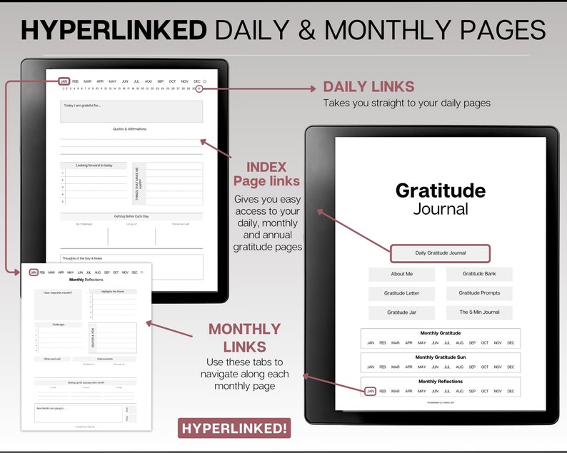 K&ouml;nnte beinhalten: Ein digitaler Planer f&uuml;r ein Dankbarkeitsjournal mit verlinkten Tages- und Monatsseiten. Der Planer enth&auml;lt Abschnitte f&uuml;r t&auml;gliche Dankbarkeit, eine Dankbarkeitsbank, einen Dankbarkeitsbrief, ein Dankbarkeitsglas und ein 5-Minuten-Journal. Die Monatsseiten enthalten Abschnitte f&uuml;r monatliche Dankbarkeit, monatliche Dankbarkeitssumme und monatliche Reflexionen.