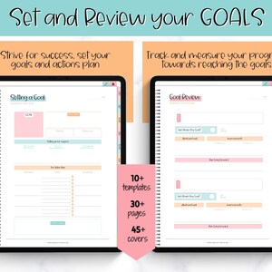 May include: A digital planner with a pink and blue colour scheme. The planner is open to two pages, one titled "Setting a Goal" and the other titled "Goal Review". The planner has 10+ templates, 30+ pages, and 45+ covers.