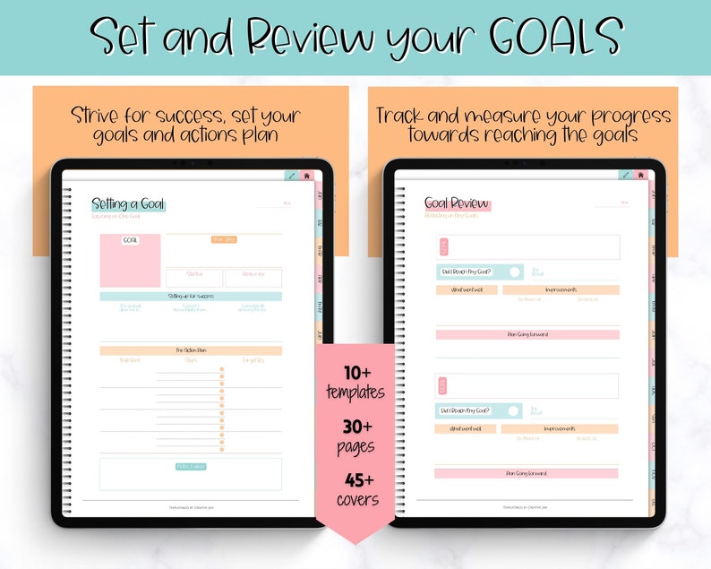 May include: A digital planner with a pink and blue colour scheme. The planner is open to two pages, one titled "Setting a Goal" and the other titled "Goal Review". The planner has 10+ templates, 30+ pages, and 45+ covers.