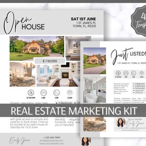 May include: A real estate open house flyer with a gray and white color scheme. The flyer features a photo of a house and the text "Open House" in a handwritten font. The flyer also includes the address, date, and time of the open house. The text "Just Listed!" is also included on the flyer.