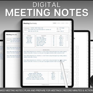 Modello di verbale di riunione digitale, note di riunione modificabili, pianificatore digitale, GoodNotes, iPad, registrazione di progetti aziendali, agenda, presa di appunti