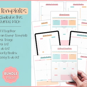 May include: A bundle pack of 15 printable planner templates in a pastel color scheme. The templates include "Get it Together", "Brain Dump Template", "Task Triage", "Task List", "To Do List", "Priority Matrix", and "Weekly To-Do List".
