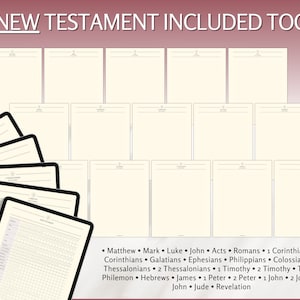 May include: A digital planner with a grid layout and the text "NEW TESTAMENT INCLUDED TOO" at the top. The planner includes a list of books from the New Testament.