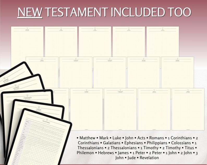 May include: A digital planner with a grid layout and the text "NEW TESTAMENT INCLUDED TOO" at the top. The planner includes a list of books from the New Testament.