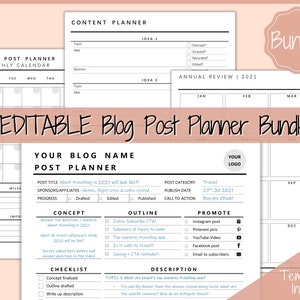 May include: Editable blog post planner bundle with four templates. The bundle includes a monthly calendar, content planner, and post planner. The post planner includes sections for concept, outline, checklist, description, and promote.