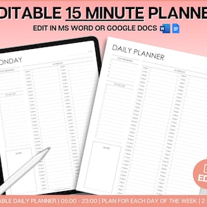 May include: Editable 15-minute daily planner template for Monday. The planner includes sections for top priorities, to-do list, schedule, and notes. The template is editable in Microsoft Word or Google Docs. The text "EDIT" is in a white box with a pencil icon.