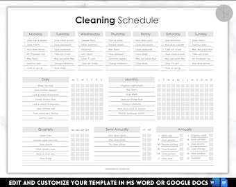 May include: A printable cleaning schedule with a gray and white color scheme. The schedule is divided into daily, weekly, monthly, quarterly, semi-annually, and annually. Each section has a list of cleaning tasks to be completed.