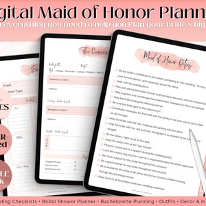 Pode incluir: Um planejador digital para uma dama de honra, com um fundo de aquarela rosa e o texto "Maid of Honor Duties". O planejador inclui listas de verificação para eventos de casamento, chá de panela, despedida de solteira e muito mais.
