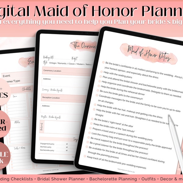 Digital Maid of Honor Planner, Matron of Honor Digital Planner, MOH Binder Book, Wedding Checklist, Bridal Shower, Bachelorette, GoodNotes