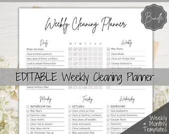 Weekly Cleaning Checklist, EDITABLE  Schedule, Cleaning Planner, Weekly House Chores, Clean Home Routine, Monthly Planner Bundle, Challenge