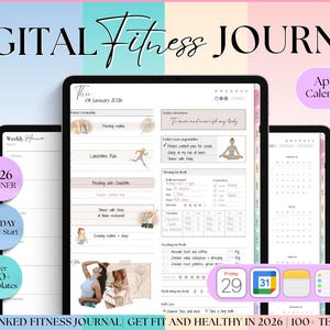 May include: A digital fitness journal displayed on multiple tablets. The journal features a clean, minimalist design with sections for daily planning, including meal tracking and exercise logs. The text reads "DIGITAL Fitness JOURNAL" and "Get fit and healthy in 2026".
