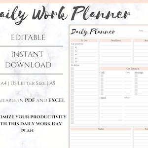 EDITABLE DAILY PLANNER | To Do List | Printable Productivity Day Planner for Work | Work Day Diary Insert | Template | Pdf, Excel | Organize