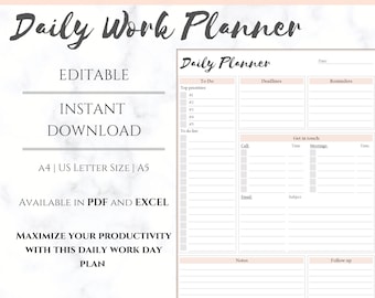 EDITABLE DAILY PLANNER | To Do List | Printable Productivity Day Planner for Work | Work Day Diary Insert | Template | Pdf, Excel | Organize