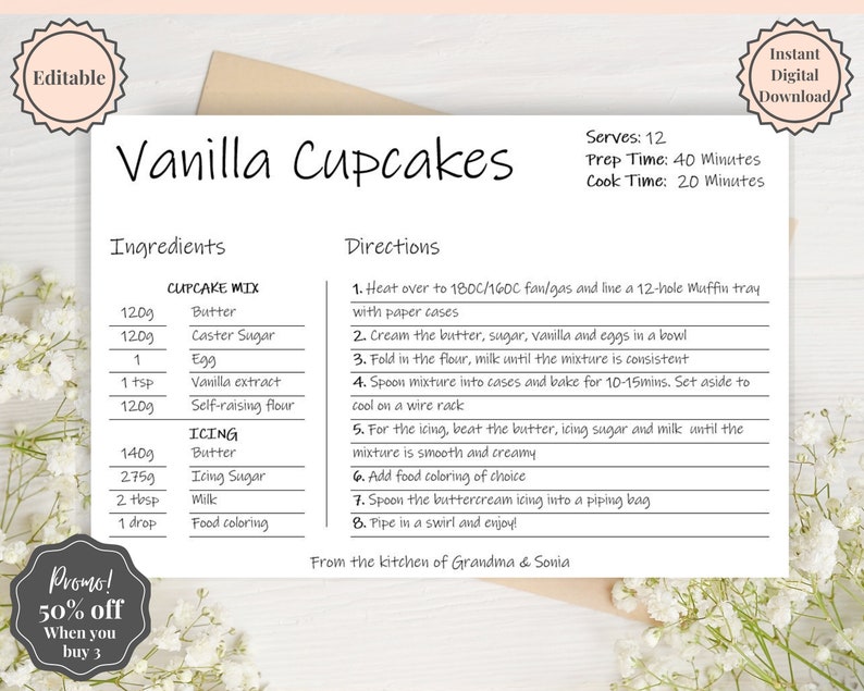 EDITABLE Recipe Card template, Recipe Template, Recipe Cards Printable, Simple, Retro, 4x6, Insert, Minimal, Sheet, Recipe Box, Sheet, Book image 1