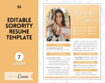 Sorority Recruitment Template, Sorority Resume Template Packet, Professional College Resume Kit, Academic, Social, Canva, Rush Resume, Greek