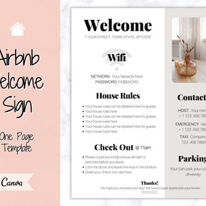 1-stronicowy szablon plakatu powitalnego Airbnb, znak hasła Wi-Fi do wydrukowania, książka powitalna, zasady domu, gospodarz, wynajem wakacyjny, instrukcja wymeldowania