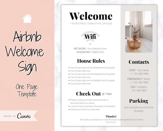 1 Page Airbnb Welcome Poster Template, Wifi Password Sign Printable, Welcome Book, House Rules, Host, Vacation Rental, Check Out Instruction