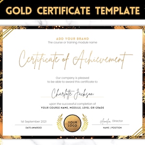 Könnte beinhalten: Eine goldene und schwarze Zertifikatsvorlage mit Marmorhintergrund. Der Text lautet "Zertifikat der Leistung" und enthält den Text "FÜGEN SIE IHRE MARKE HINZU" und "Der Kurs oder das Trainingsmodul".