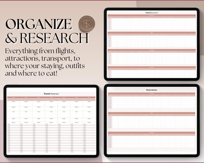 Pu&ograve; includere: Un planner di viaggio digitale stampabile per organizzare e ricercare piani di viaggio. Il planner include sezioni per la ricerca di viaggi, l'itinerario e le prenotazioni. Il planner &egrave; progettato con un'estetica minimalista e presenta uno schema di colori marrone chiaro.