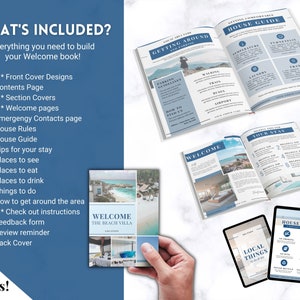 May include: A welcome book template with a blue and white design. The image shows open pages with headings like "Getting Around," "House Guide," and "Welcome." The text includes "Tips for your stay," and "Places to see." The book includes over 20 pages.