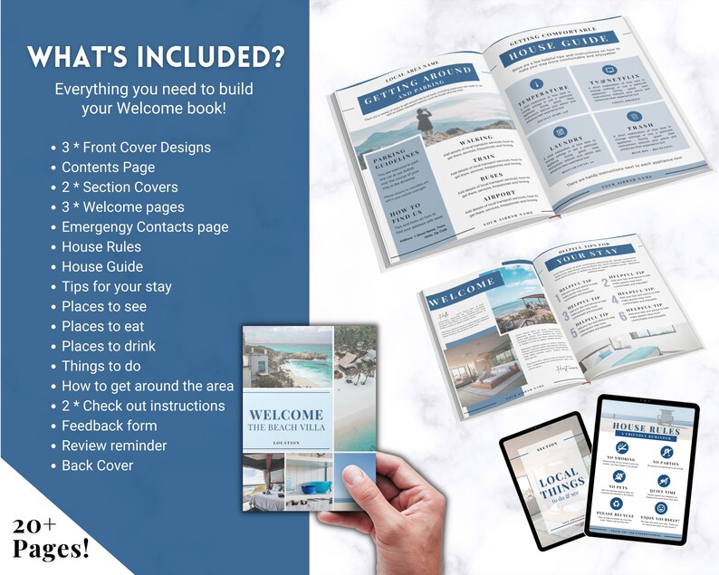 May include: A welcome book template with a blue and white design. The image shows open pages with headings like "Getting Around," "House Guide," and "Welcome." The text includes "Tips for your stay," and "Places to see." The book includes over 20 pages.