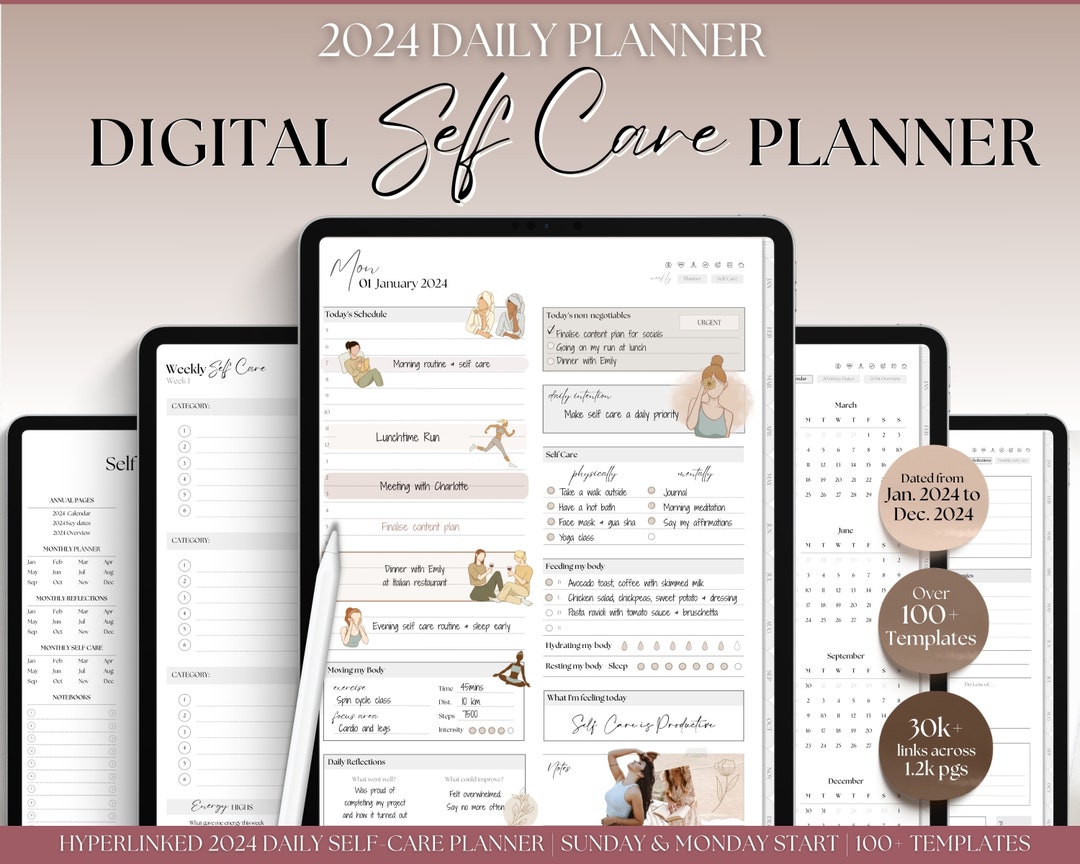 Self Care Planner, 2024 Digital Planner, Self Care Journal, Wellness ...