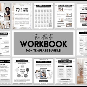 Pode incluir: Uma imagem em preto e branco de um caderno de exercícios com o título "The Ultimate Workbook 140+ Template Bundle!" O caderno de exercícios é dividido em seções com diferentes títulos, como "Your Title Goes Here", "30 Day Challenge", "Helpful Resources", "Join the Exclusive Masterclass", "Breaking Down the Roadmap", "Client Case Study", "Your Process", "Get the Complete Start Up Guide!", "Checklist Title" e "Your Title".