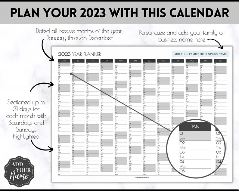 EDITABLE 2023 Wall Calendar Printable Large Yearly Calendar Etsy