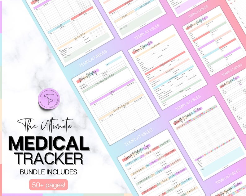 May include: A digital printable bundle of medical tracker templates. The bundle includes over 50 pages of printable templates for tracking medical information, medication, appointments, and more. The templates are designed with a pastel color scheme and feature a variety of floral and geometric patterns.