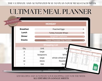 Ultimate Meal Planner Spreadsheet, Recipe Template, AUTOMATED Grocery List, Family Meal Prep, Weekly Meal Plan, Shopping List, Google Sheets