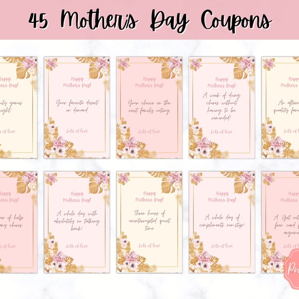 Mothers Day Gift Vouchers! Perfect last minute Gift for Mom on Mothering Sunday! 45 Printable Coupon Template, Mom Gift Card, Coupon Book