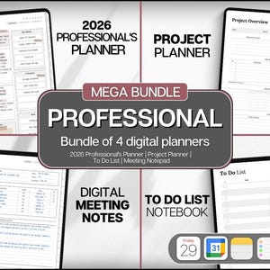 May include: A digital planner bundle with four planners: a 2026 Professional's Planner, Project Planner, To Do List, and Meeting Notepad. The image shows the planners on tablets with a white background and text overlays.