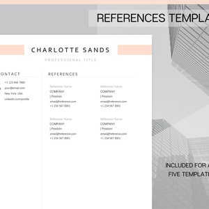 Puede incluir: Una imagen en blanco y negro de un edificio moderno con una superposici&oacute;n de texto que dice "PLANTILLAS DE REFERENCIAS". Debajo del texto hay un rect&aacute;ngulo blanco con el texto "CHARLOTTE SANDS" y "T&Iacute;TULO PROFESIONAL". La imagen tambi&eacute;n incluye una secci&oacute;n titulada "CONTACTO" con informaci&oacute;n de contacto y una secci&oacute;n titulada "REFERENCIAS" con una lista de referencias de muestra.