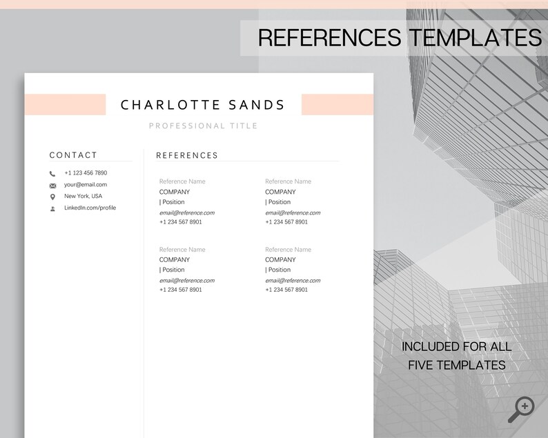 Puede incluir: Una imagen en blanco y negro de un edificio moderno con una superposici&oacute;n de texto que dice "PLANTILLAS DE REFERENCIAS". Debajo del texto hay un rect&aacute;ngulo blanco con el texto "CHARLOTTE SANDS" y "T&Iacute;TULO PROFESIONAL". La imagen tambi&eacute;n incluye una secci&oacute;n titulada "CONTACTO" con informaci&oacute;n de contacto y una secci&oacute;n titulada "REFERENCIAS" con una lista de referencias de muestra.
