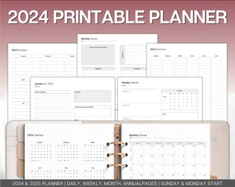 2024 druckbare Planer, DATIERT 2024 Planer, tägliche, wöchentliche, monatliche Seiten, Kalender, To Do Liste druckbare Einsätze, 2024 Planer