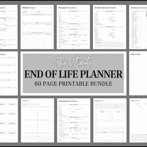 Puede incluir: Un conjunto de páginas de planificador imprimibles, con títulos como "Arreglos funerarios", "Historial médico" e "Información personal". El texto central dice "The Ultimate End of Life Planner, 60 Page Printable Bundle".