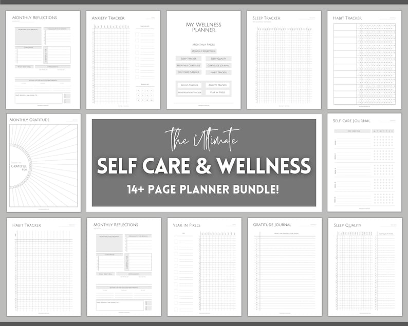 K&ouml;nnte beinhalten: Ein druckbares Planer-Paket mit &uuml;ber 14 Seiten f&uuml;r Selbstpflege und Wohlbefinden. Die Seiten beinhalten Tracker f&uuml;r Schlaf, Angst, Gewohnheiten und Dankbarkeit sowie ein monatliches Reflexionsjournal, ein Selbstpflege-Journal und einen Tracker f&uuml;r das Jahr in Pixeln.