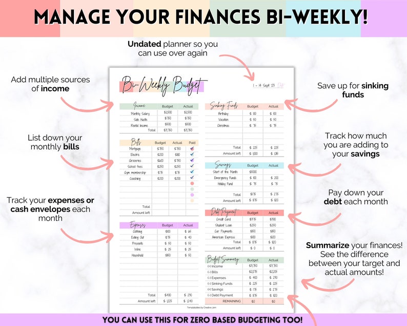 May include: A printable bi-weekly budget planner with sections for income, bills, expenses, savings, and debt payments. The planner is designed to help users manage their finances and track their progress towards their financial goals.