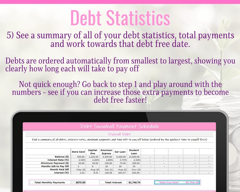 May include: A screenshot of a debt snowball payment schedule on a computer screen. The schedule shows a summary of all debts, interest rates, minimum payments, and time left to pay off. The debts are ordered by the quickest time to pay off first. The total monthly payments are $675.00 and the total interest is $1,746.74. The debt free date is 01-Nov-23.